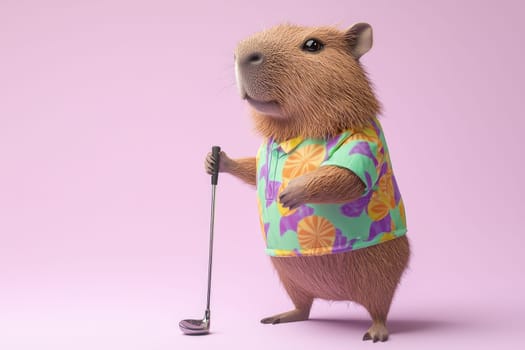 A charming capybara dressed in a colorful golfing outfit stands confidently with a golf club, set against a soft pink background, ideal for lighthearted imagery and playful designs.