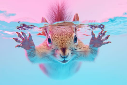 A playful squirrel swims gracefully beneath the water's surface, creating a captivating image filled with vibrant colors and a sense of joy in nature's whimsical moments.