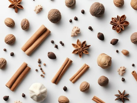 Flat lay display of winter spices for festive culinary inspiration and seasonal decor.