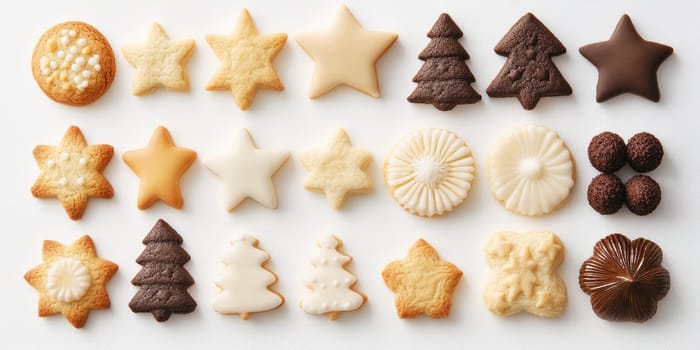 Festive christmas cookies in various shapes flat lay for holiday celebrations.
