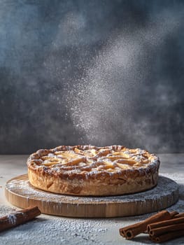 Rustic warm apple pie with cinnamon and sugar dusting for cozy autumn desserts.