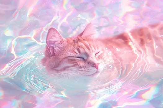 A charming ginger cat floats peacefully in shimmering water, surrounded by soft pink and lavender hues, creating a magical and serene atmosphere for cat lovers.