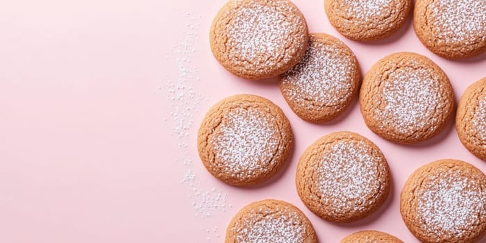 Festive gingerbread cookies with powdered sugar on pastel background perfect for holiday baking themes.