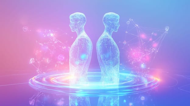 Dual holographic avatars stand in a futuristic digital interface, surrounded by abstract networks and glowing geometric shapes. the scene blends innovation and technology, advancements in virtual reality and data visualization.
