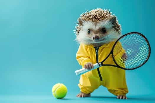 A charming hedgehog dressed in a yellow tracksuit holds a tennis racket next to a bright tennis ball against a vibrant blue backdrop, capturing the essence of fun and playfulness in sports.