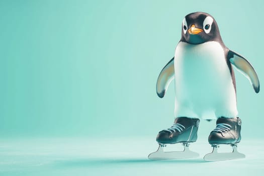 A photorealistic penguin dressed in figure skating attire stands on ice skates against a vibrant background, showcasing a playful and whimsical winter sports theme.