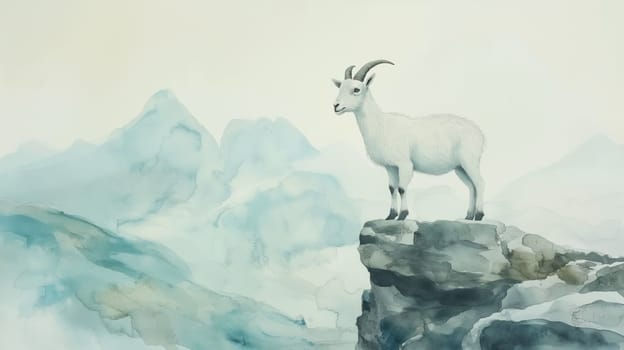 Watercolor painting of a serene mountain landscape features a graceful goat standing on a rocky ledge. soft, muted colors evoke tranquility, capturing the essence of nature's beauty and the majesty of mountainous terrain.