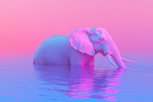 A stunning elephant stands in calm water with a mesmerizing pink and blue gradient background, creating a dreamy atmosphere perfect for artistic and wildlife themes.