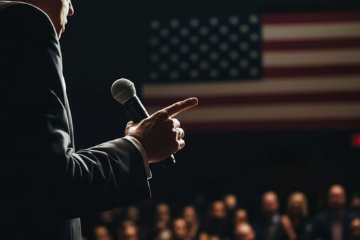 A dynamic scene featuring a speaker holding a microphone while gesturing confidently, with an engaged audience and the American flag in the background, representing public discourse.