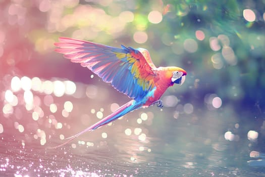 This stunning image captures a vibrant parrot gliding gracefully over shimmering water, showcasing its colorful feathers against a blurred, serene backdrop, embodying the essence of natural beauty.