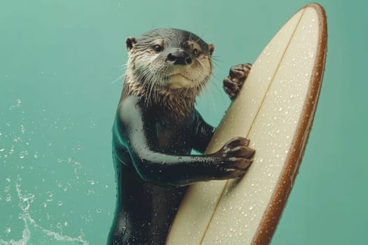 This charming image showcases a playful sea otter confidently balancing on a surfboard, surrounded by vibrant turquoise waters, embodying adventure and joy in nature.