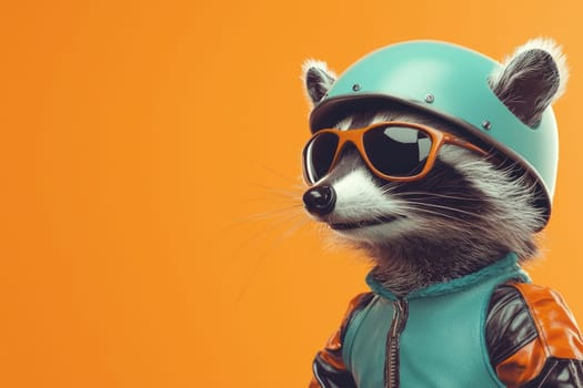 This playful image features a raccoon wearing a retro helmet and stylish sunglasses, set against a bright orange backdrop, perfect for fun, quirky, and creative projects.