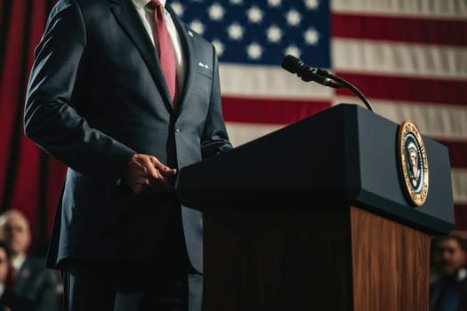A speaker stands at a podium, ready to address an audience, with an American flag in the background, capturing a moment of political engagement and leadership during a press conference.