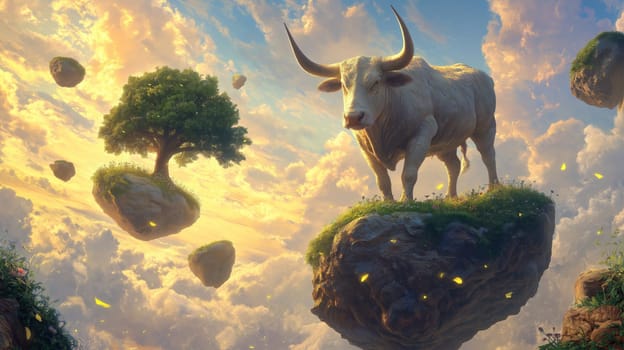 Majestic floating boulders soar through an ethereal sky, each hosting thriving trees and a striking bull. this surreal landscape combines elements of fantasy and nature, creating a harmonious and dreamlike scene ideal for artistic design.