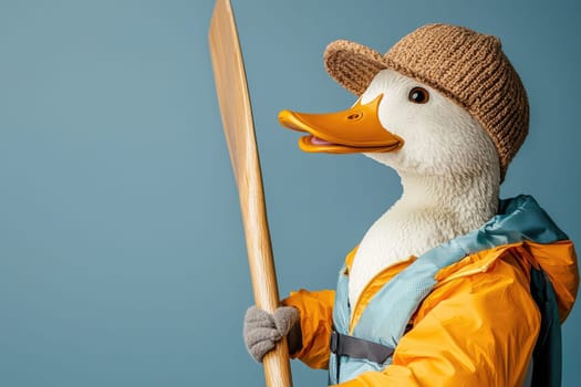 A whimsical image featuring a duck dressed in vibrant rowing attire, holding a wooden oar, exuding charm and creativity against a soft blue backdrop.