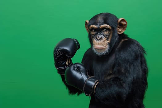 This captivating image features a strong chimpanzee wearing boxing gloves, showcasing a fierce expression against a vibrant green background, perfect for sport and wildlife projects.