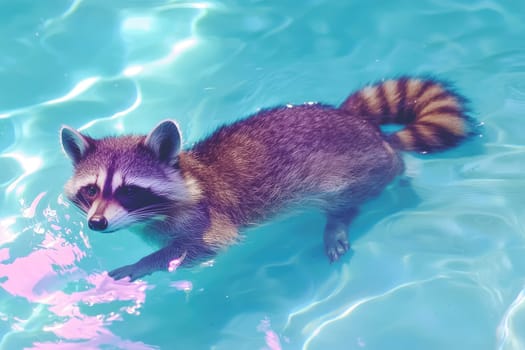 A charming raccoon enjoys a leisurely swim in a stunning turquoise pool, displaying its distinctive fur and playful behavior in a serene and vibrant setting.
