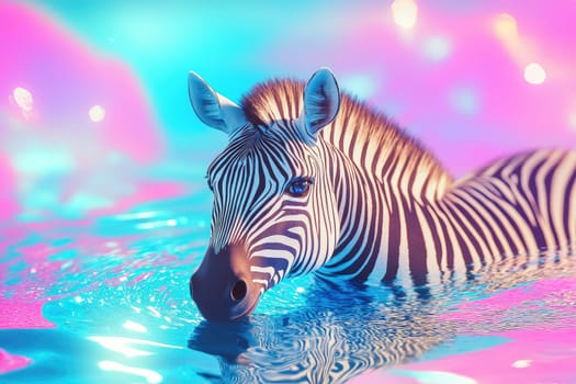 A stunning zebra gracefully swims in vibrant water, surrounded by a play of colorful reflections. This surreal image captures the essence of creativity and wildlife in a dreamlike setting.
