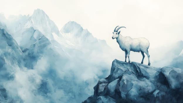 Watercolor artwork depicts a tranquil mountain landscape with snow-capped peaks under a soft sky. a lone goat stands majestically on a rocky outcrop, accentuating the serene beauty and vastness of nature.