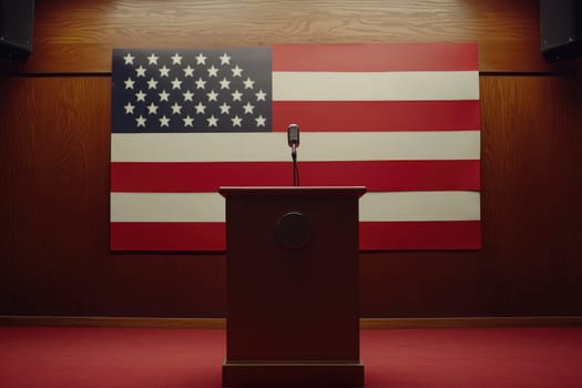 Classic podium with a microphone stands ready against a large American flag, creating a perfect setting for political speeches and public addresses in an empty room.