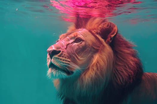 A stunning underwater portrait of a lion, featuring vibrant colors and a serene expression, highlighting the beauty of nature apex predator in a mesmerizing aquatic environment.