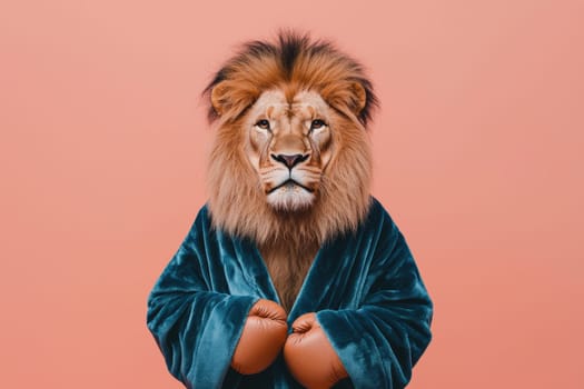 A stunning portrait of a regal lion dressed in a tailored blue velvet robe and boxing gloves, set against a soft coral background, radiating confidence and charm.