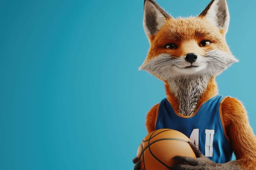 A charming cartoon fox character poses with a basketball in a bright blue setting, embodying fun and energy, ideal for sports-related themes and playful designs.
