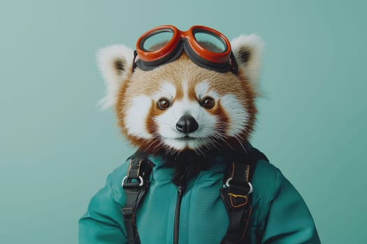 This charming image features a red panda dressed in a tiny skydiving suit and goggles, exuding playfulness and adventure, perfect for various creative projects.
