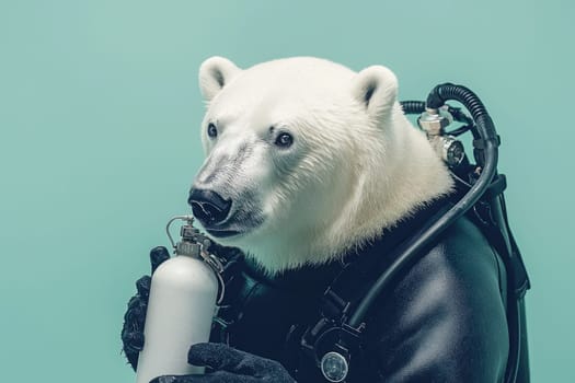 A whimsical portrayal of a polar bear in a scuba diving suit, calmly holding a tank, merging wildlife and underwater exploration in a vivid and imaginative scene perfect for nature enthusiasts.