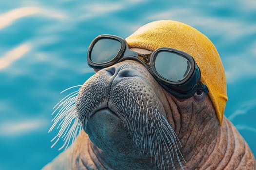 This photorealistic image shows a walrus wearing goggles and a swim cap while swimming, celebrating the joy of the ocean and marine life in an enchanting aquatic setting.