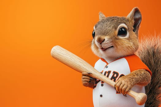 This photorealistic image features a joyful squirrel in a baseball jersey, cheerfully holding a wooden bat with a vibrant orange background, perfect for playful and whimsical art collections.