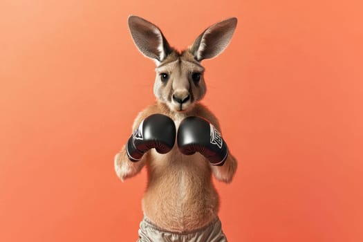 A playful cartoon kangaroo stands ready for a boxing match, wearing gloves against a striking orange backdrop, embodying energy, fun, and determination in sports.
