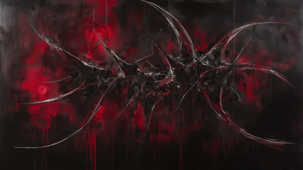 Dynamic abstract artwork featuring sharp, angular forms against a deep red and black background. the intense contrast and bold lines create a sense of movement and energy, adding dramatic visual impact.