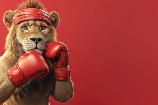A fierce lion dressed in boxing gloves stands ready for action against a bold red background, embodying strength and confidence, perfect for fitness and sports-themed projects.