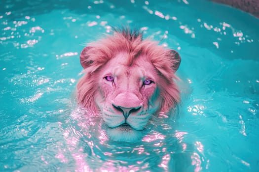 A stunning portrait of a lion submerged in turquoise water, showcasing its unique features and tranquil demeanor against a vibrant backdrop, emphasizing the beauty of wildlife.