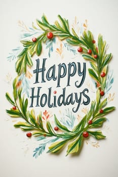 Hand-painted watercolor illustration features the message happy holidays surrounded by a decorative wreath of green leaves and red berries