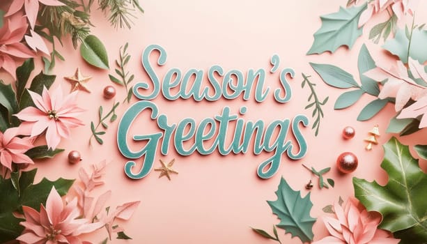 Christmas card with paper cutouts of poinsettias, leaves, stars and baubles surrounding a season's greetings banner