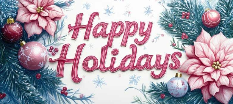 Christmas card wishing happy holidays with poinsettia flowers, fir branches with snow, red and blue christmas balls