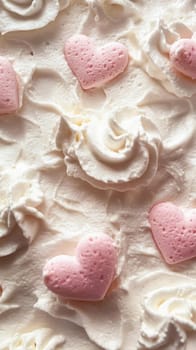 Whipped cream swirls are topped with pink heart candies, creating a romantic and delicious dessert
