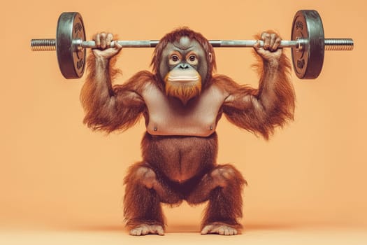 An amusing orangutan confidently lifts a barbell against a bright orange backdrop, capturing the spirit of fitness and fun. Ideal for playful and vibrant projects.