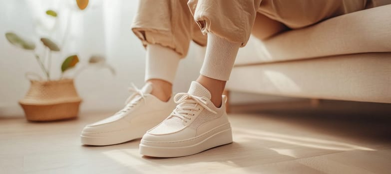 Woman relaxing on sofa wearing fashionable white sneakers, showcasing modern footwear trends for comfortable home style