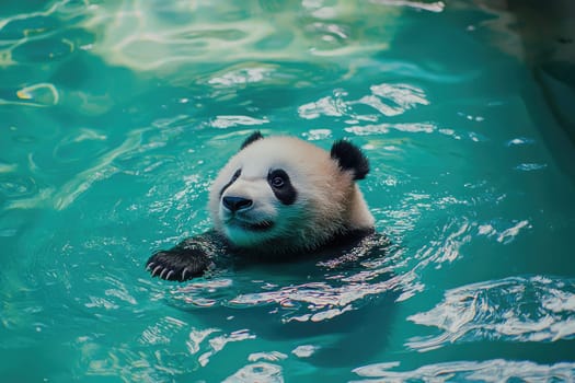 This image features an adorable panda floating in clear blue water, showcasing its charming expression and vivid details. A perfect capture of nature's playful moments.