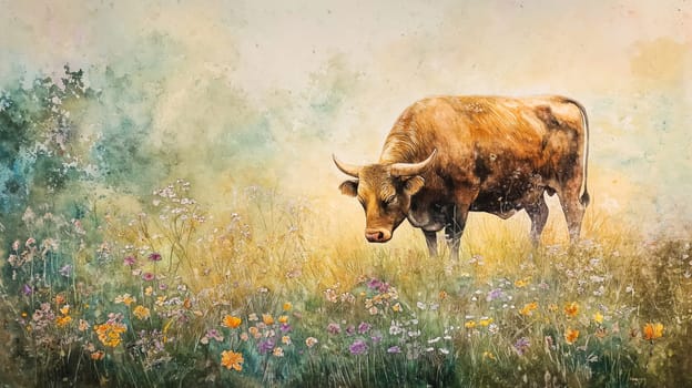 Watercolor artwork depicting a serene meadow with vibrant wildflowers and a resting cow, set against a soft, dreamy background. ideal for nature-themed designs, capturing tranquility and rustic charm.
