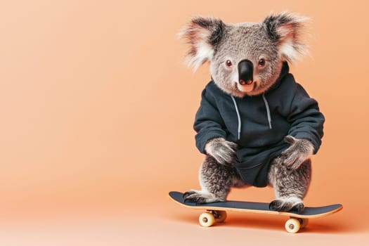 A charming koala sports a trendy hoodie while perched on a skateboard, set against a warm orange backdrop, embodying fun and creativity in a whimsical scene.