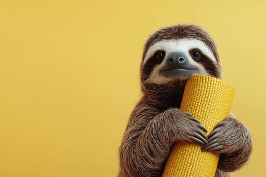 A charming sloth clutches a yellow yoga mat, surrounded by a vibrant yellow background. Ideal for themes of wellness, relaxation, and animal love, perfect for marketing purposes.