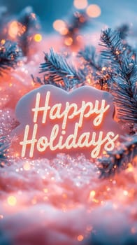 Pink neon sign with silver glitter wishing happy holidays on a snowy christmas tree branch with orange bokeh lights