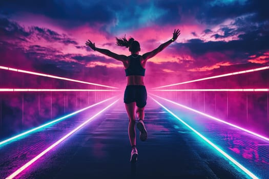 A vibrant and energetic image of a marathon runner with arms raised, celebrating against a stunning sunset backdrop with neon light reflections on a wet road, capturing athletic freedom.