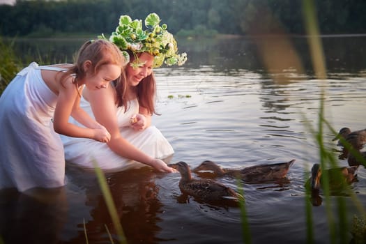 Small and Young girls in white sundress and wreath of flowers feed ducks in the water of river or lake at sunset. Sisters in holiday of Ivan Kupala
