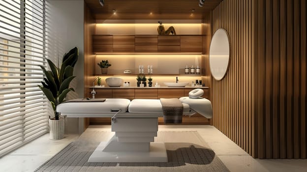 Within a spacious wooden relax room, there is a massage table positioned strategically by a large window that allows natural light to illuminate the space