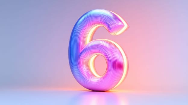 Glowing number six with neon light effect on a gradient background, creating a colorful and futuristic atmosphere